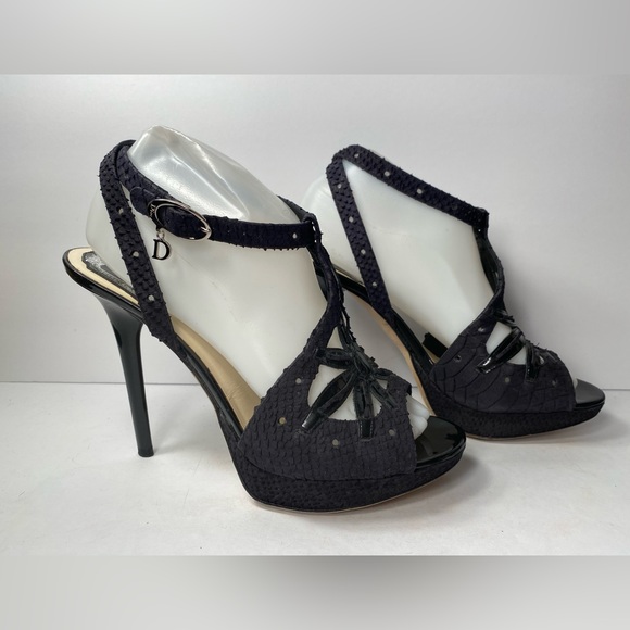 Christian Dior open toe snake embossed sandals heels black 39 - Picture 1 of 10